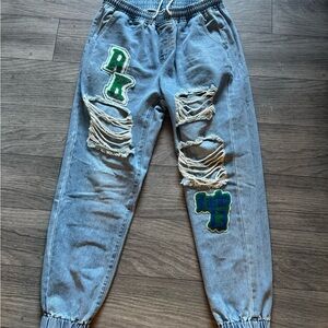 Distressed Denim Joggers with Patches